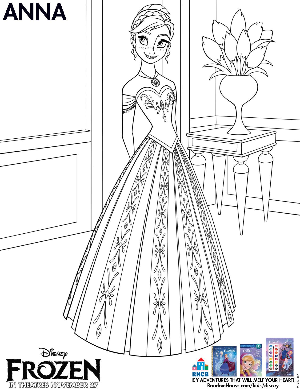 Movie: Disney Frozen activity page available for Download (Anna Coloring Page)