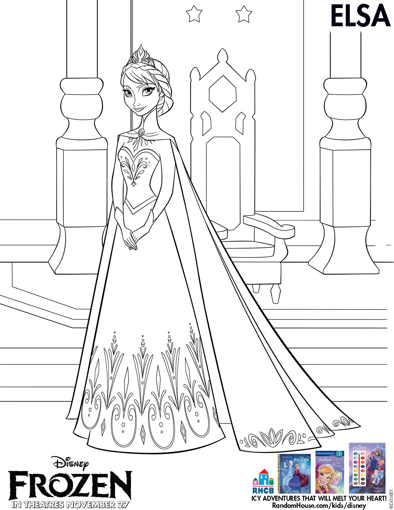 Movie: Disney Frozen activity page available for Download (Elsa coloring page)