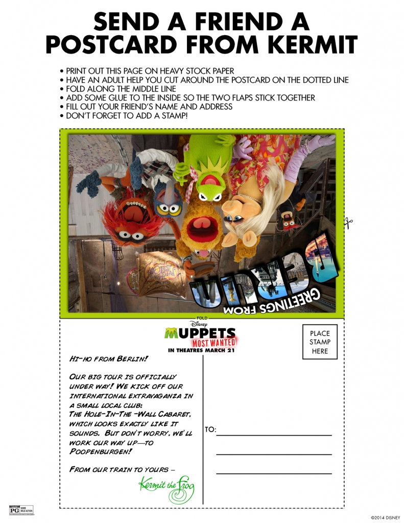 Free Disney Activity Sheet - Muppets Most Wanted Printable Kermit Postcard