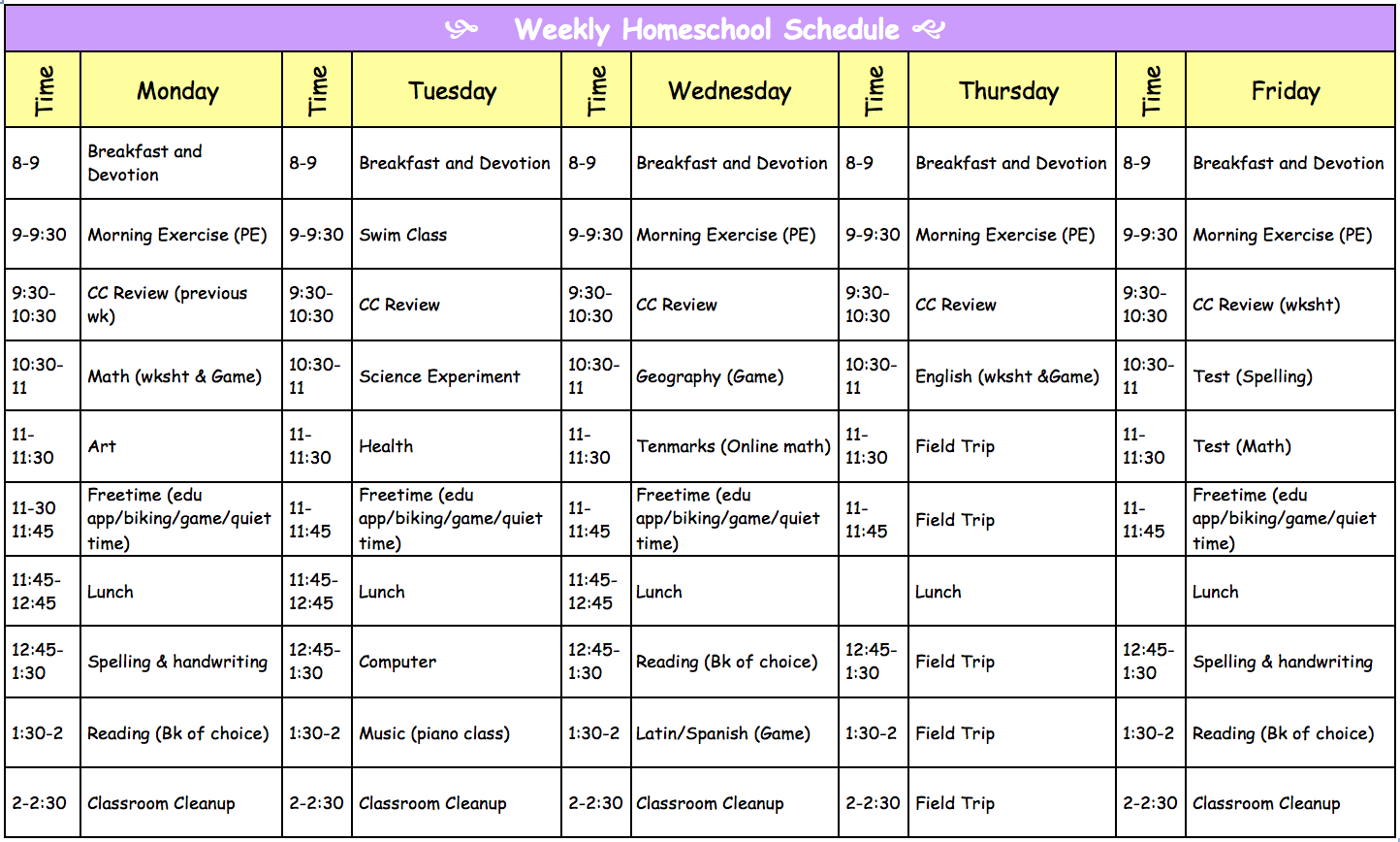 homeschool daily schedule template