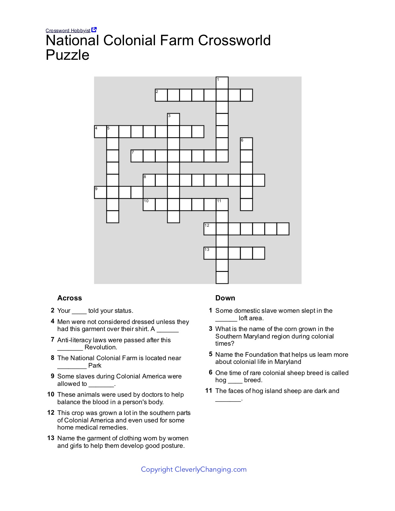 National Colonial Farm Crossword Puzzle