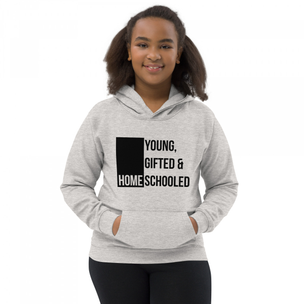 Youth light gray hoodie. The hoodie reads, "Young Gifted and Homeschooled"